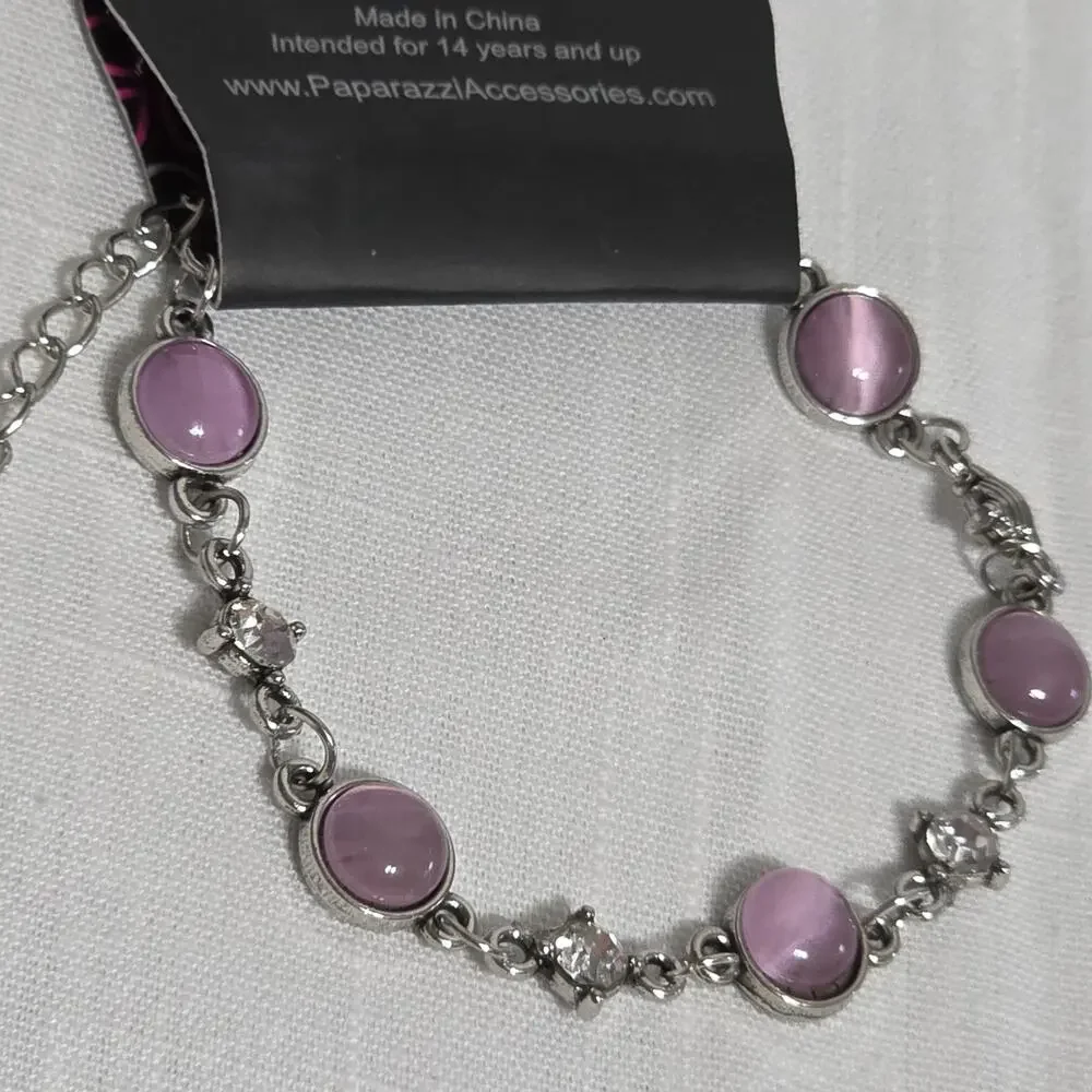 Paparazzi Pink Cat Eye Bracelet Silver Tone Clear Rhinestone Adjustable Jewelry
